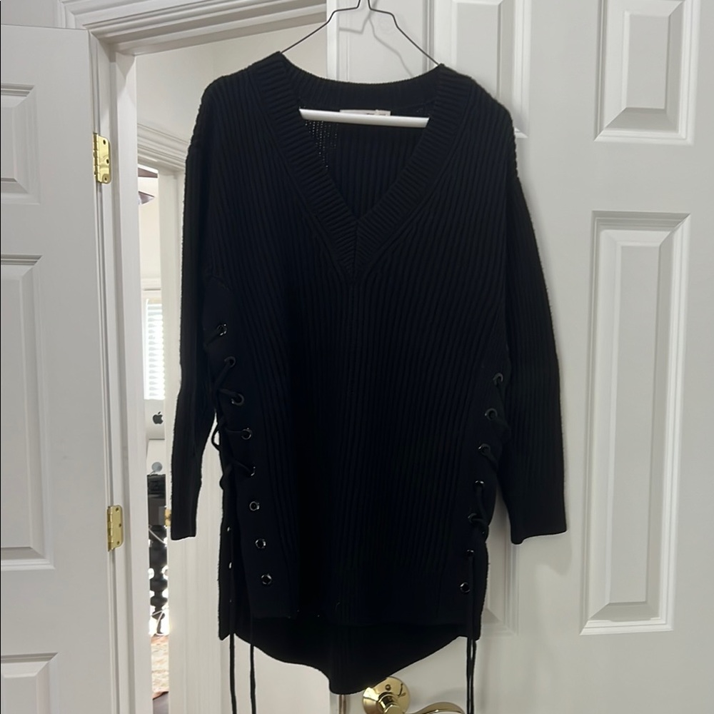 Rag & Bone Black V-Neck Sweater with grommet side detail